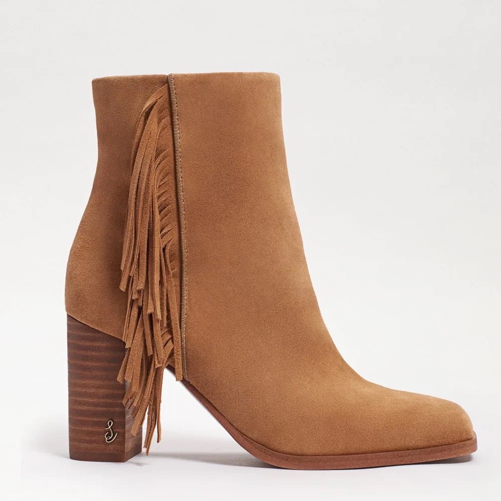 SAM EDELMAN “Ona” Fringe Heel Boots in “Camel” Print